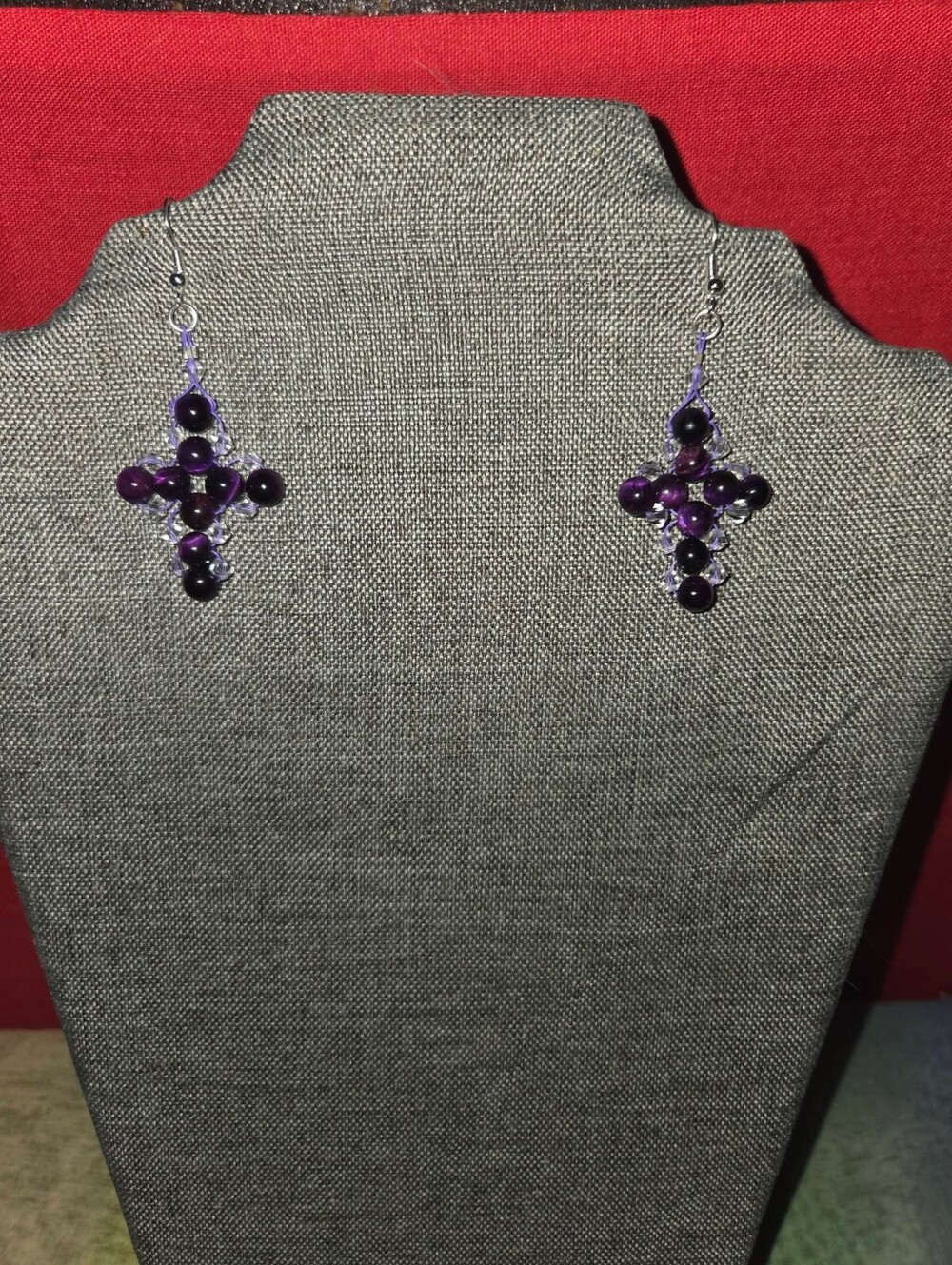 Handmade Purple Bead Cross Dangle Earrings - Unbranded